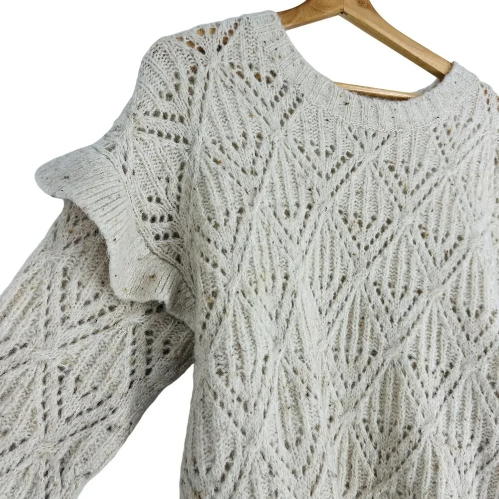 Old Navy Beige Ruffle Trim Pointelle Crew Neck Long Sleeve Cozy Knit Sweater L - Picture 7 of 10